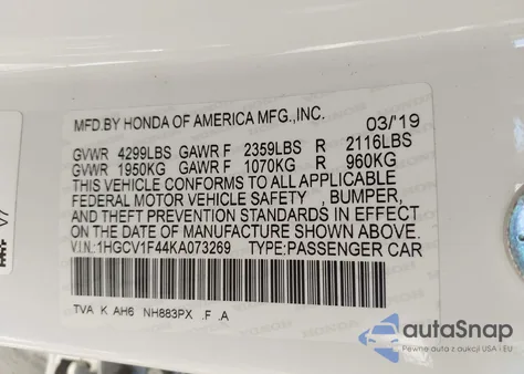 2019 Honda Accord Ex из США, поврежденный, VIN 1HGCV1F44KA073269